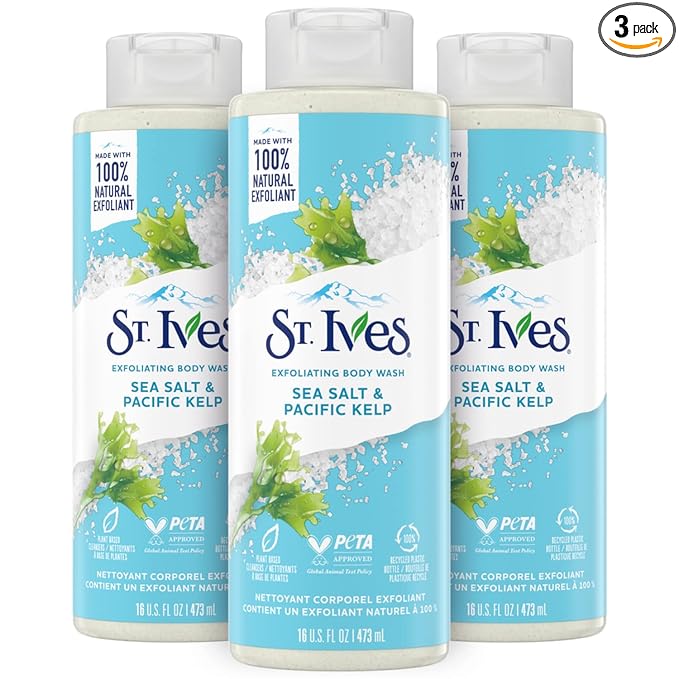 St. Ives Exfoliating Body Wash - Sea Salt & Pacific Kelp Scrub, Natural Body Wash, Body Soap, or Hand Soap with Plant-Based Exfoliants for Glowing Skin, 16 Oz Ea (Pack of 3)
