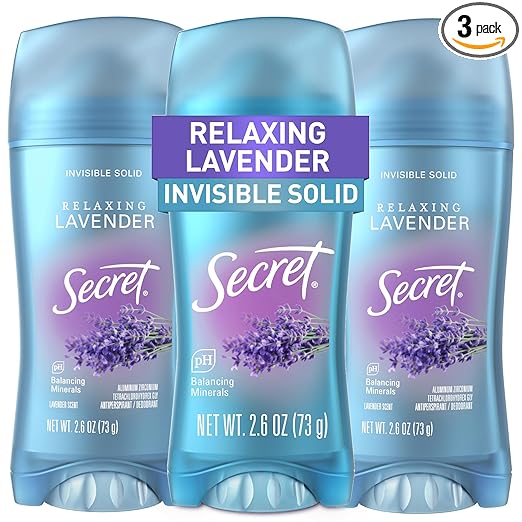 Secret Fresh Antiperspirant Deodorant for Women, 72hr Breathable Sweat & Odor Protection, Instant Freshness & Gentle, PH Balancing Mineral, Invisible Solid, Relaxing Lavender Scent, 2.6 oz (Pack of 3)