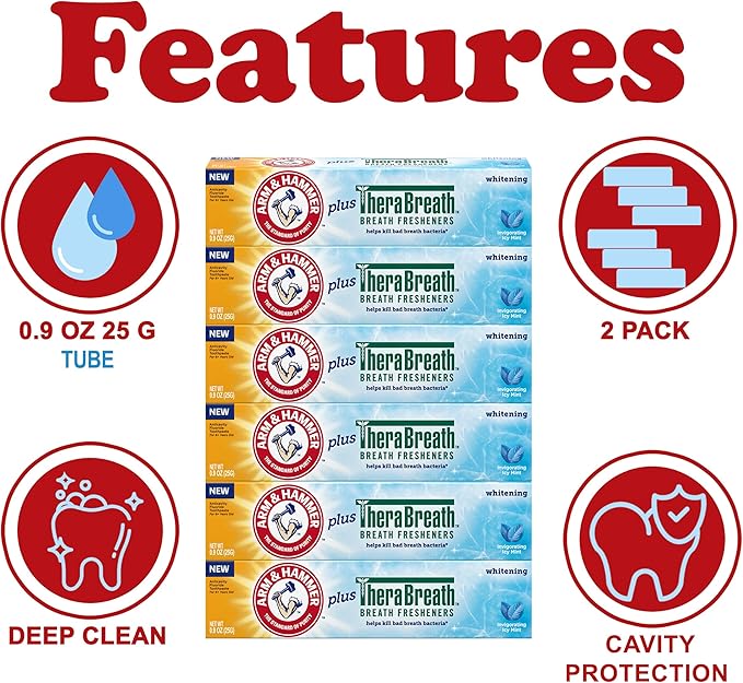 ARM & HAMMER Toothpaste Plus Thera, 6 Pack, ICY Mint, Anticavity Fluoride Toothpaste with Baking Soda, Whitening Enamel Strengthening Toothpaste, Travel Size 0.9 Oz Visit the Arm & Hammer Store 4.3 4.3 out of 5 stars   (77)