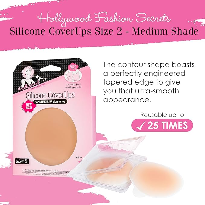 Hollywood Fashion Secrets Silicone Coverups, Size 2, Hypoallergenic, Reusable, Washable, Gentle on Skin, Ultra Thin, Self Adhesive, Medium Shade, 1 Pack