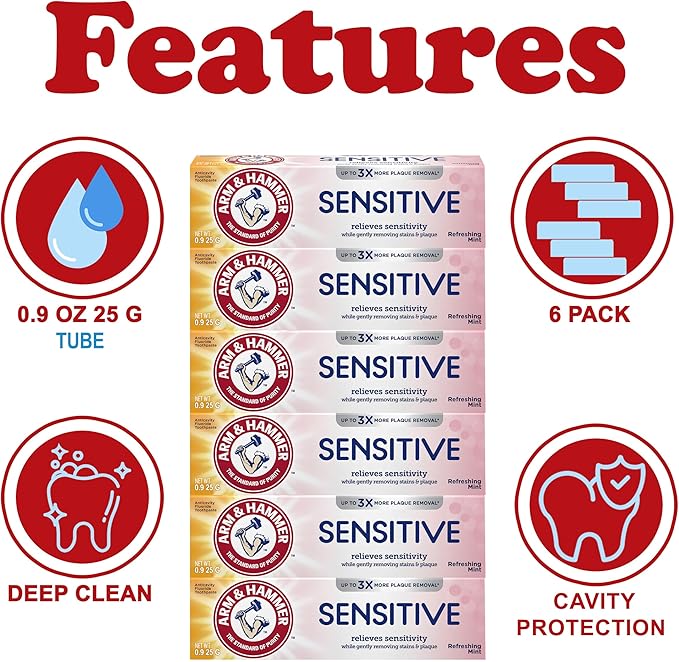 ARM & HAMMER Sensitive Teeth & Gums Toothpaste, 6 Pack, Refreshing Mint, Anticavity Fluoride Toothpaste with Baking Soda, Whitening Enamel Strengthening Paste, Travel Size 0.9 Oz