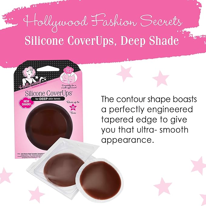 Hollywood Fashion Secrets Silicone Coverups, Hypoallergenic, Reusable, Washable, Gentle on Skin, Ultra Thin, Self Adhesive, Deep Shade, 1 Pack