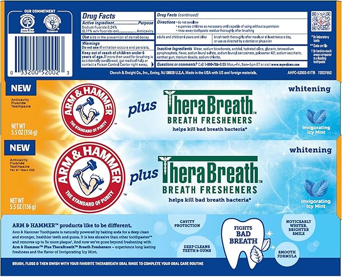 ARM & HAMMER Toothpaste Plus Thera, 6 Pack, ICY Mint, Anticavity Fluoride Toothpaste with Baking Soda, Whitening Enamel Strengthening Toothpaste, Travel Size 0.9 Oz Visit the Arm & Hammer Store 4.3 4.3 out of 5 stars   (77)