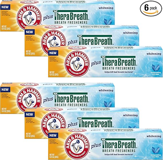 ARM & HAMMER Toothpaste Plus Thera, 6 Pack, ICY Mint, Anticavity Fluoride Toothpaste with Baking Soda, Whitening Enamel Strengthening Toothpaste, Travel Size 0.9 Oz Visit the Arm & Hammer Store 4.3 4.3 out of 5 stars   (77)